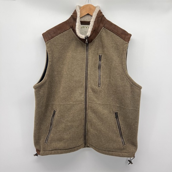 Orvis Other - Orvis Vest Mens Large Brown Green Fleece Faux Leather Trim Sherpa Collar Pocket